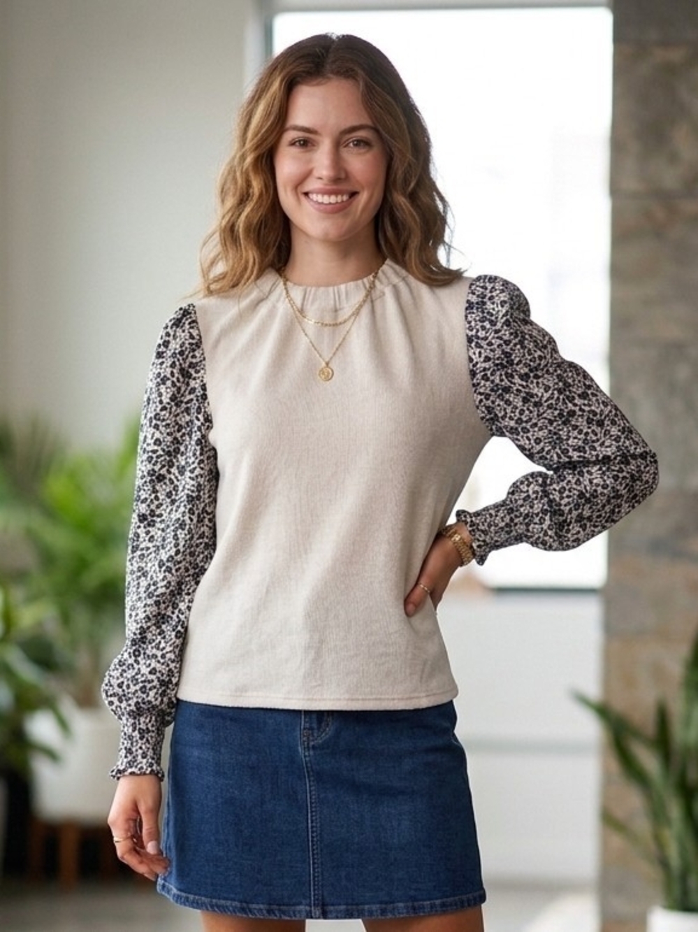 THML Cream Knit Bodice with Black & Cream Printed Puff Sleeves